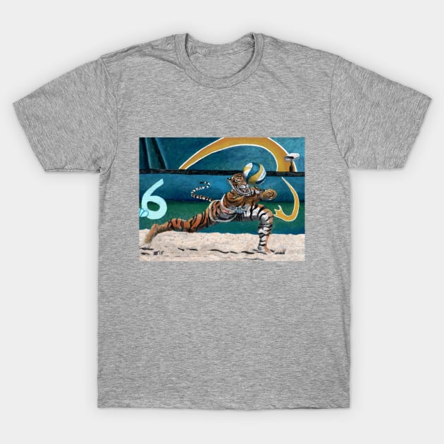 Cat Warrior Playing Volleyball Fantasy Artwork T-Shirt by Helms Art Creations